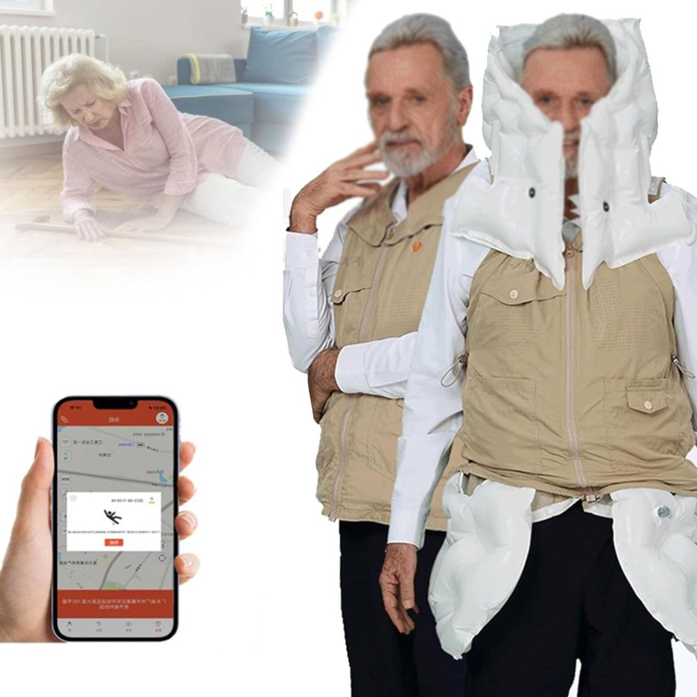 Airbag Jacket for Elderly Anti Fall Airbag Vest Elderly People and People Limited Mobility, Smart Wearable Airbag Smart Vest with Positioning/Ask for Help/Sports Records Function Khaki(Mr)-XXL