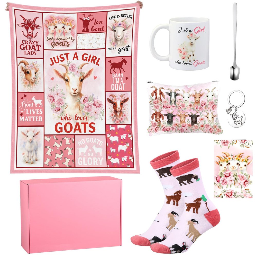 Qinyoung Goat Gifts for Women Girls Include Goat Blanket, Coffee Mug with Spoon, Socks, Makeup Bag, Keychain, Greeting Card, Gift Box for Women Friend Sister Goats Lovers Birthday
