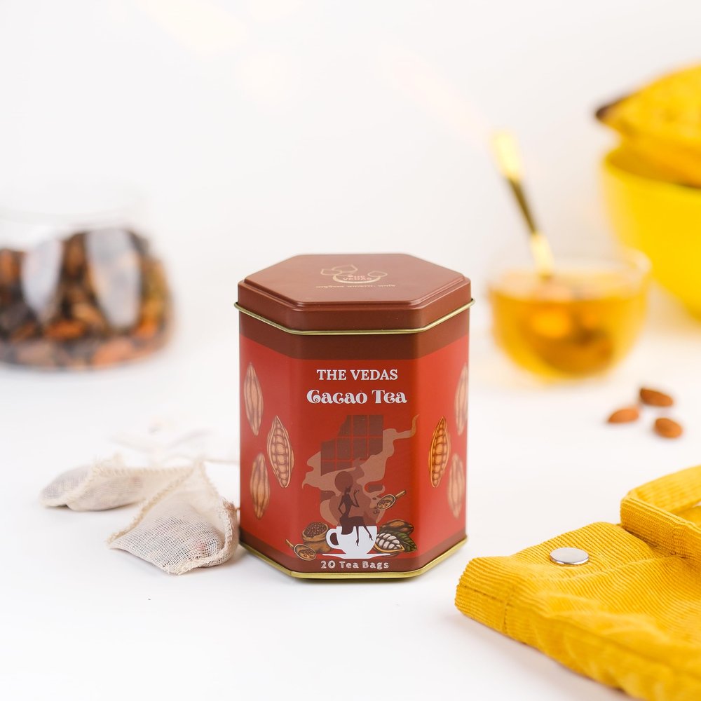 THE VEDAS CACAO TEA TIN | Herbal Tea | 100% Natural Ingredients | Tea Gift Luxury Tin | 20 HANDSTITCHED COTTON TEABAGS