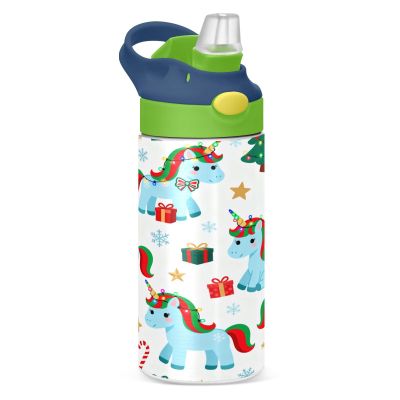 EtherSpher Merry Christmas Blue unicorns Sports Water Bottle with Leak Proof Spout Lid Lightweight 350ml Cup for Water, Milk, Juice, School, Camp, Sport termo de agua fria