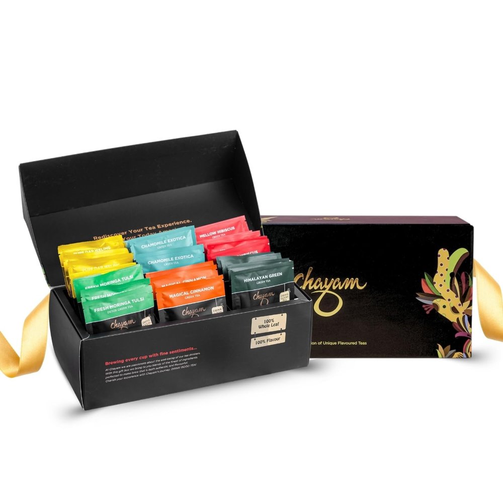 M1SS Tea Gift Box by Chayam 48 Pyramid Tea Bags in 6 Flavours Luxury Herbal Tea Hamper for Gifting Whole Leaf Natural Blends Perfect Christmas, Birthday, Anniversary & Corporate Gift