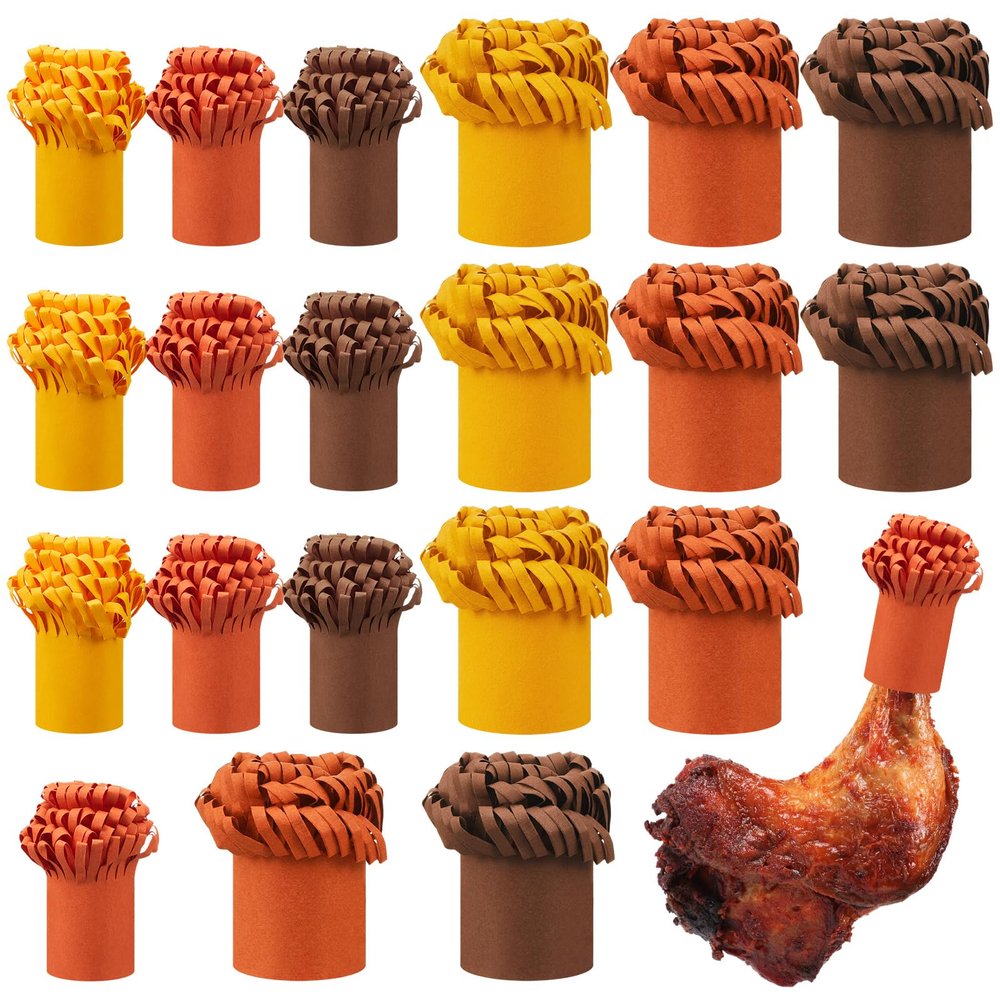 Dianelhall 20 Pieces Decorative Paper Frills for Turkey Leg Holder Lamb Pork Chop Frills Small Chicken Wrapping Holders for Turkey Legs, Rib Roast (Yellow,Brown,Orange)
