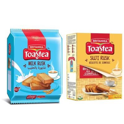 Combo Pack Britannia Milk Rusk 560g & Britannia Suji Rusk 610g | Crunchy Twice-Baked Rusks for Tea Time Cracker