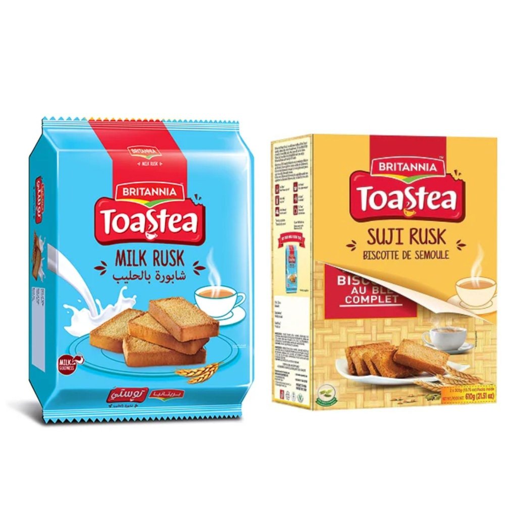 Combo Pack Britannia Milk Rusk 560g & Britannia Suji Rusk 610g | Crunchy Twice-Baked Rusks for Tea Time Cracker