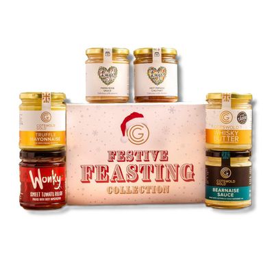 Cotswold Gold Festive Feasting Box Christmas Hamper with 6 Condiments: Marie Rose Sauce, Whisky Butter, Tomato Relish, Bearnaise, Hot Mango Chutney & Truffle Mayonnaise (150g210g)