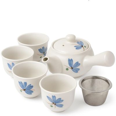 goodwei Japanese Kyusu Tea Set - Side Handle Jug with Stainless Steel Strainer & 4 Tea Cups (200ml) - Authentic Green Tea Gift Set (Rind)