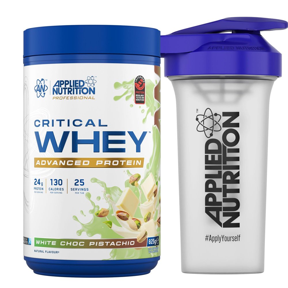 Applied Nutrition Critical Whey Protein Powder 825g + Plastic Shaker - High Protein Powder, Muscle Building Supplement with BCAAs & Glutamine (825g - 25 Servings) (White Choc Pistachio)