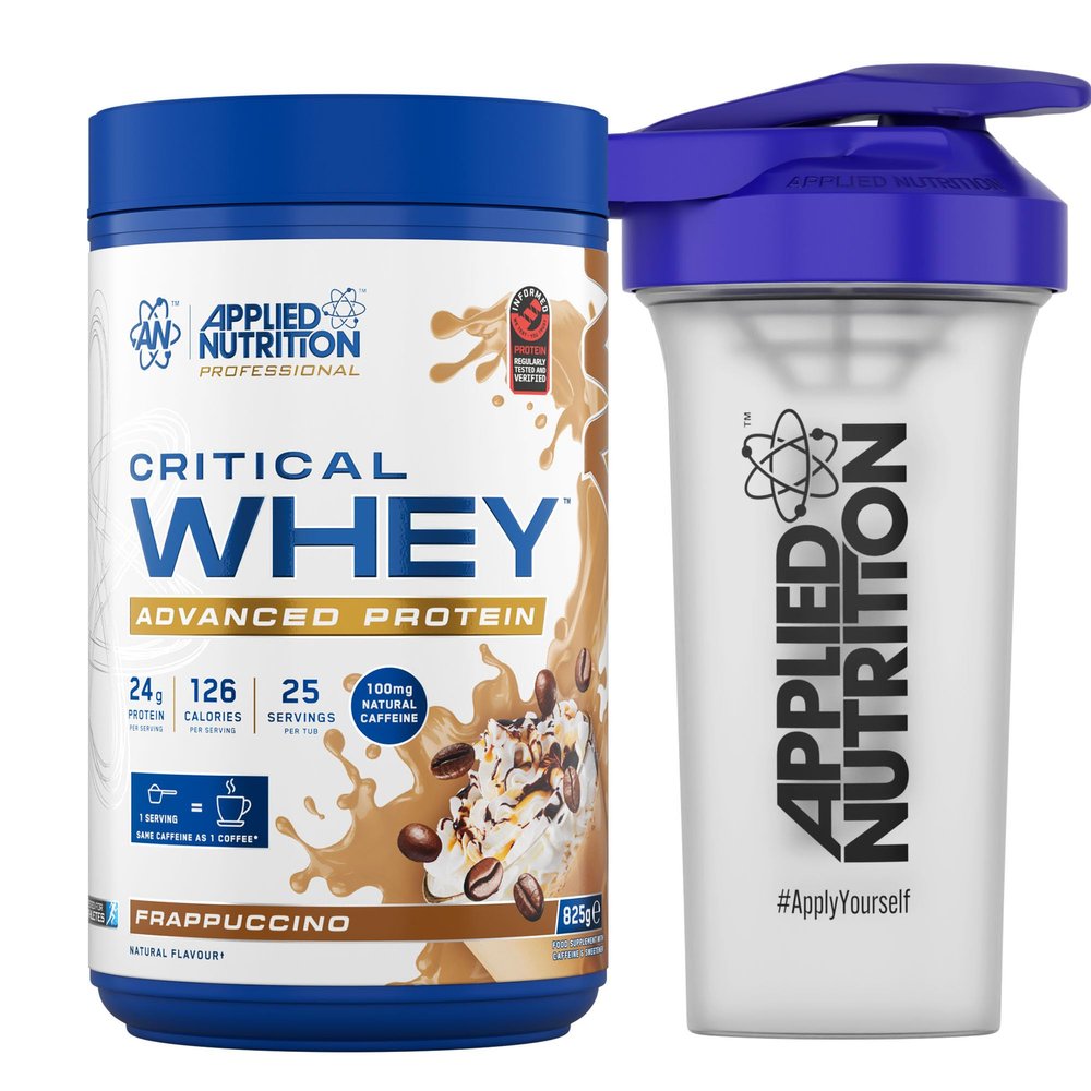 Applied Nutrition Critical Whey Protein Powder 825g + Plastic Shaker - High Protein Powder, Muscle Building Supplement with BCAAs & Glutamine (825g - 25 Servings) (Frappuccino)