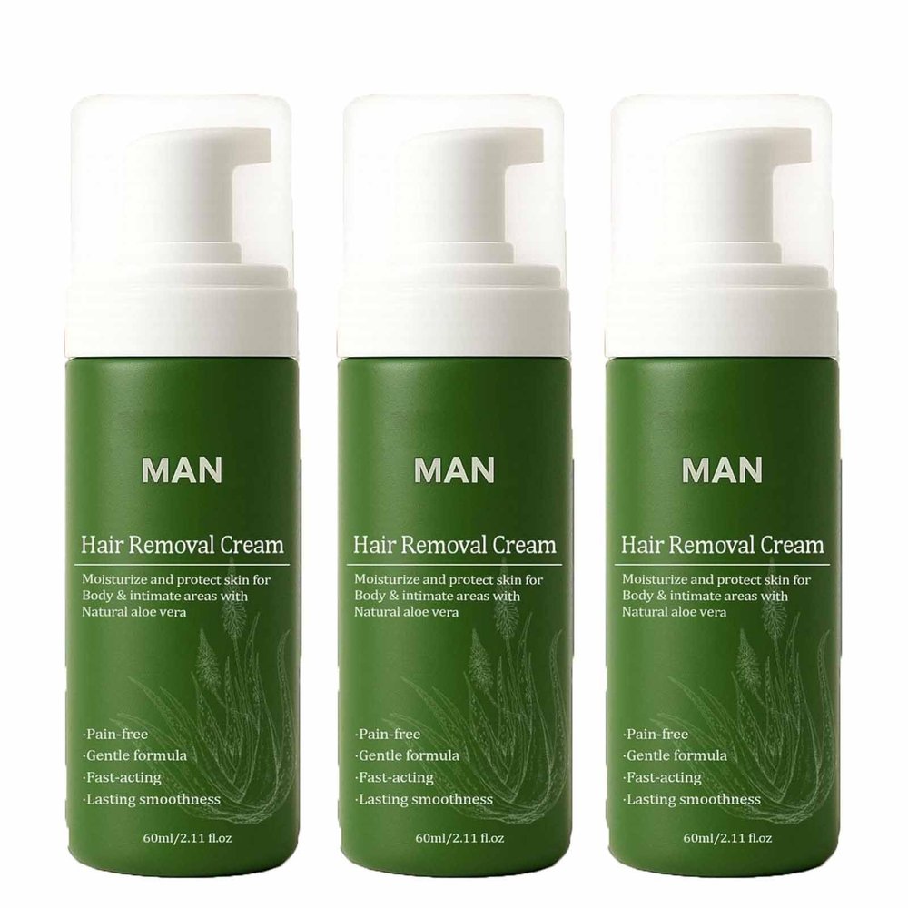 Man Hair Removal Cream, Hair Removal Cream for Men, Natural Aloe Vera Quick Gentle Fast-Acting Hair Remover Mousse for Face Body & Intimate, Moisturizing Nourishing Non-sticky (60ml, 3)