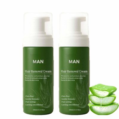 Man Hair Removal Cream, Hair Removal Cream for Men, Natural Aloe Vera Quick Gentle Fast-Acting Hair Remover Mousse for Face Body & Intimate, Moisturizing Nourishing Non-sticky (60ml, 2)