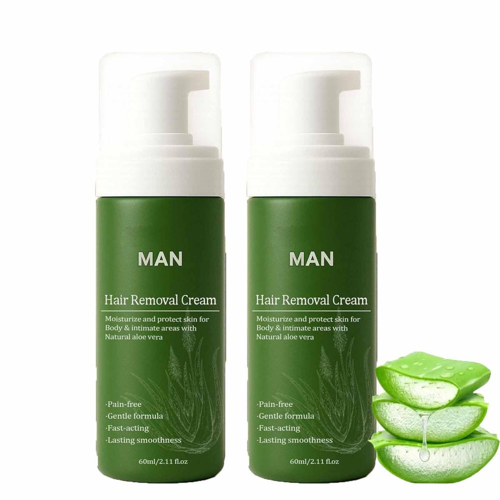 Man Hair Removal Cream, Hair Removal Cream for Men, Natural Aloe Vera Quick Gentle Fast-Acting Hair Remover Mousse for Face Body & Intimate, Moisturizing Nourishing Non-sticky (60ml, 2)