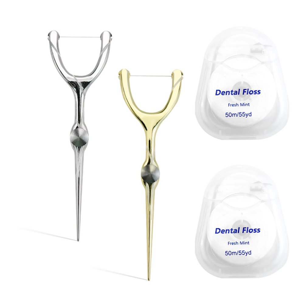 DKJEkdje 2 Set Stainless Steel Dental Floss Set with Replaceable Picks, Toothpick Holder & 1969inch Roll - Portable Oral Care Kit in PVC Case