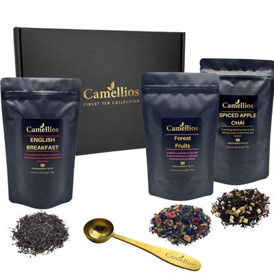 Luxury Tea Gift Box, 3 Loose Leaf Teas with Spoon, Camellios