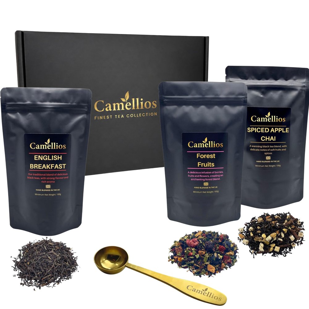 Luxury Tea Gift Box, 3 Loose Leaf Teas with Spoon, Camellios