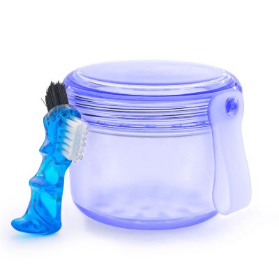 Denture Soaking Container Retainer Cleaner Box, Denture Pot Storage Holder Cup Retainer Cleaning Tub for False Teeth, Clear Aligner, Mouth Guard - Blue