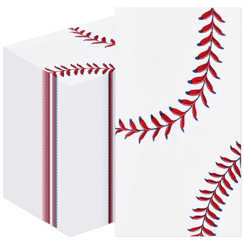 100 Pack Baseball Party Paper Napkins 13 x 16 Inches Unfolded, 3-Ply Disposable Napkins with Red Stitch Designs for Sports Birthdays, Tailgate Parties, and Baseball-Themed Table Decorations