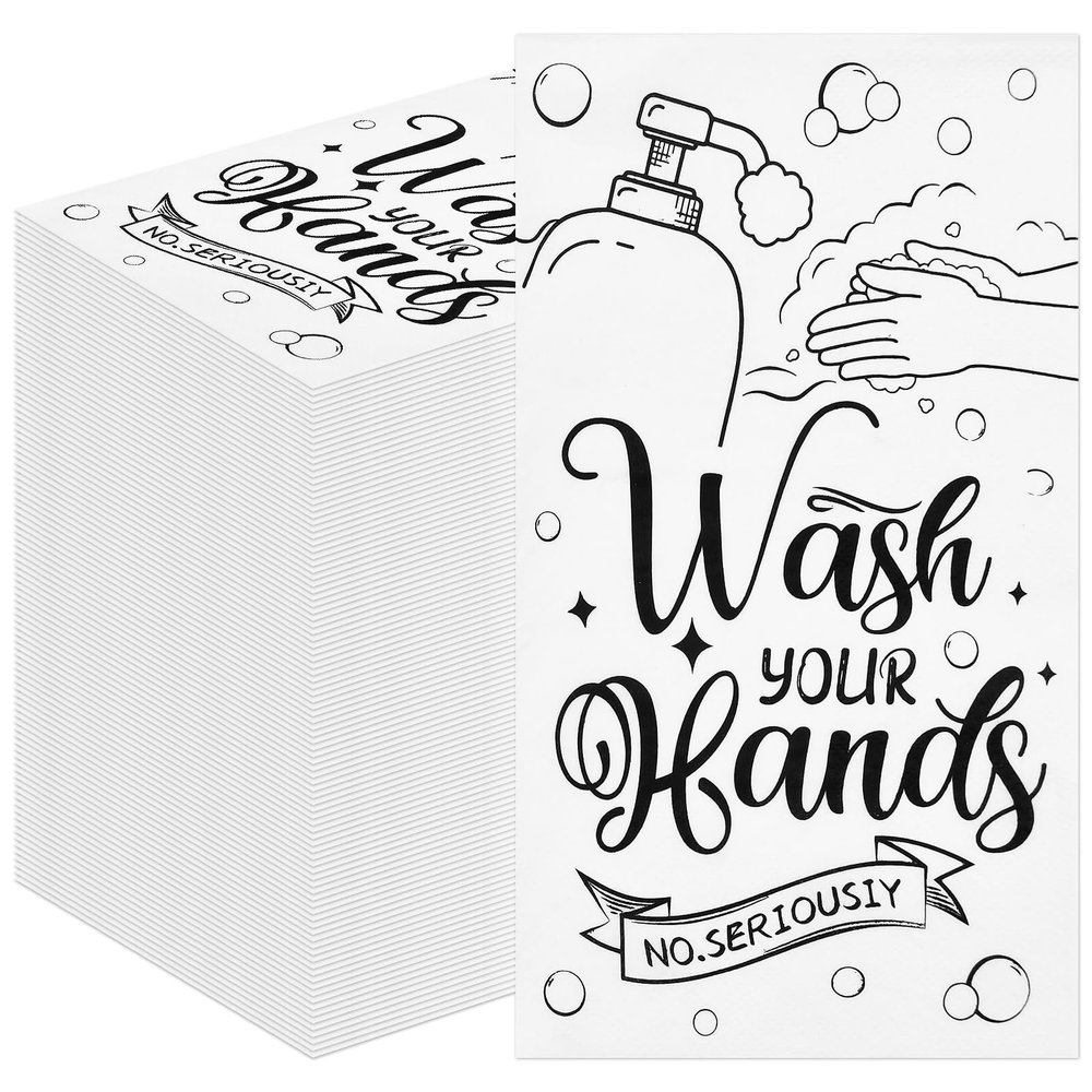 100 Pack Wash Your Hands Paper Napkins 13 x 16 Inches Unfolded, 3-Ply Disposable Napkins with Fun Handwashing Design for Bathrooms, Restaurants, Offices, and Everyday Use