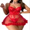 Foxiny Sexy Ruffle Floral Skirt Underwire Mesh Sheer Lace Babydoll Lingerie Dress with Thong 2 Piece, Leaves Red, L view 1
