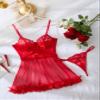 Foxiny Sexy Ruffle Floral Skirt Underwire Mesh Sheer Lace Babydoll Lingerie Dress with Thong 2 Piece, Leaves Red, L view 2