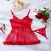 Foxiny Sexy Ruffle Floral Skirt Underwire Mesh Sheer Lace Babydoll Lingerie Dress with Thong 2 Piece, Leaves Red, L view 3