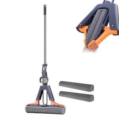 PVA Sponge Squeeze Roller Mop For Cleaning Floors | Sponge Mop With 2 Absorbent Head Refills | Hands-Free Sponges Mops With Adjustable Stainless Steel Handle For Wet & Dry Use