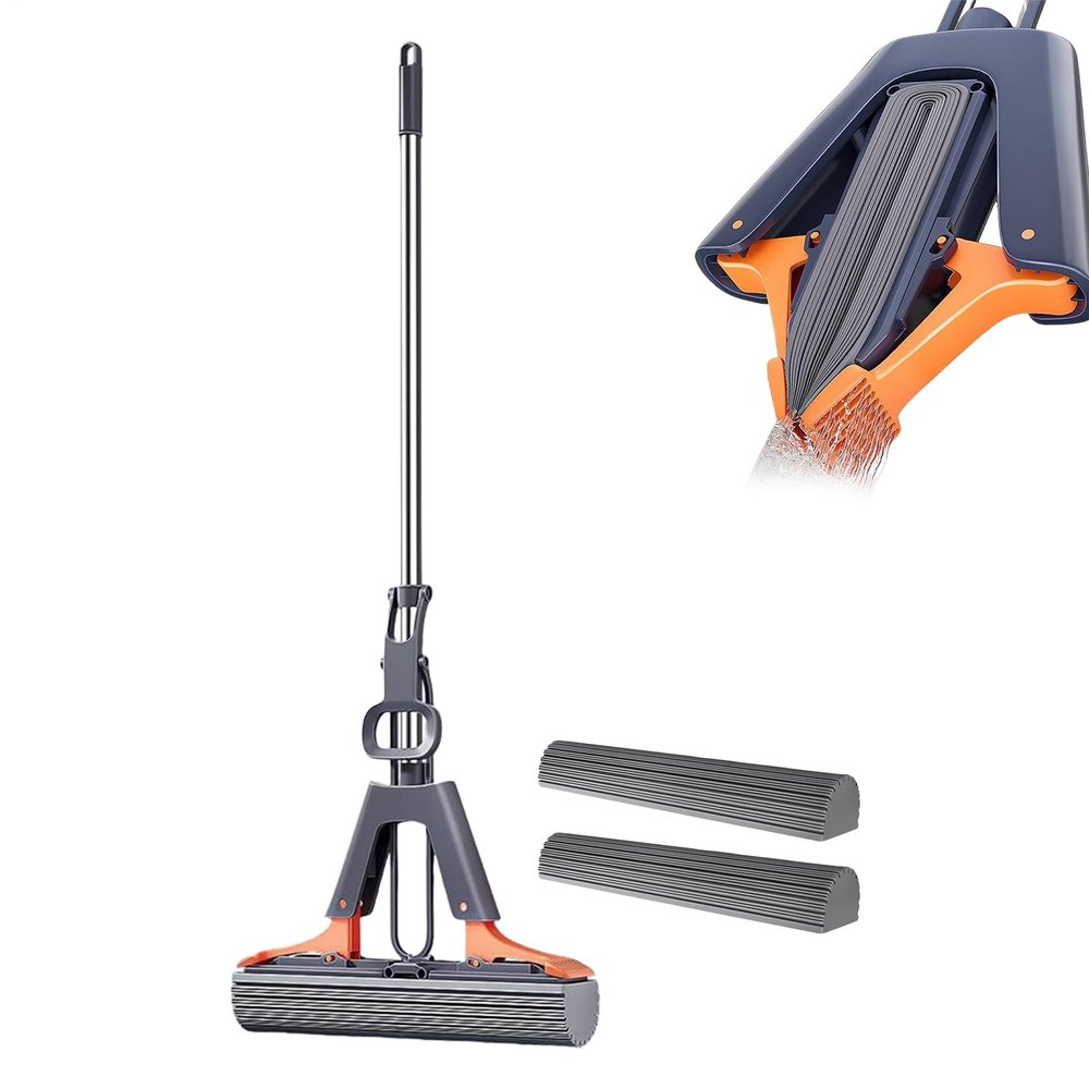 PVA Sponge Squeeze Roller Mop For Cleaning Floors | Sponge Mop With 2 Absorbent Head Refills | Hands-Free Sponges Mops With Adjustable Stainless Steel Handle For Wet & Dry Use