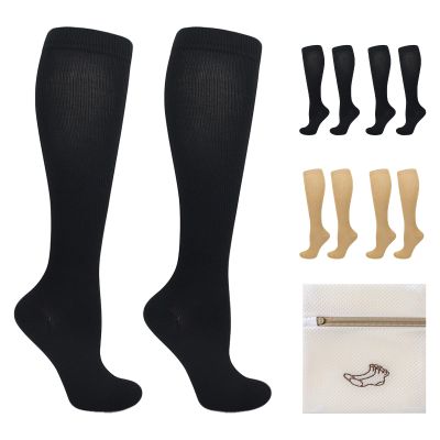 4 Pairs Compression Socks for Men and Women Graduated Stockings 15-20 mmHg Knee High Support Stockings for Circulation Sports Travel Flight Work (2black+2beige, L/XL)