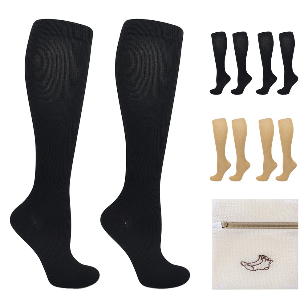 4 Pairs Compression Socks for Men and Women Graduated Stockings 15-20 mmHg Knee High Support Stockings for Circulation Sports Travel Flight Work (2black+2beige, L/XL)
