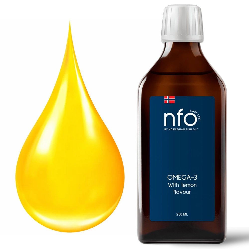 NFO Omega 3 Oil Lemon 250 ml High Strength Liquid Fish Oil from Norway Triglyceride Form with EPA DHA Natural Lemon Taste with Vitamin E