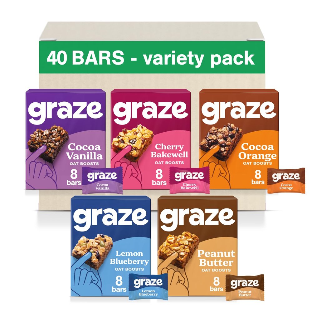 Graze Snacks-Selection - 10 Boxes, Vegan Lunchbox snacks - Packaging may vary - 40x30g of at least 45% less sugar than average Cereal bars