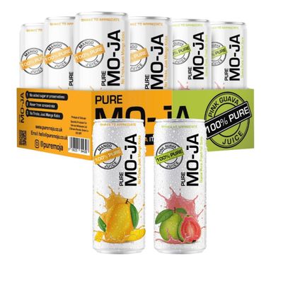 Mo-Ja Pure 100% Pure Mango & Pink Guava Juice No Added Sugar, No Preservatives, Never from Concentrate 12 Cans (6x Mango, 6x Pink Guava) 320ml Each Beverage Natural Fruit Sweet