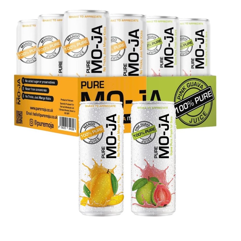 Mo-Ja Pure 100% Pure Mango & Pink Guava Juice No Added Sugar, No Preservatives, Never from Concentrate 12 Cans (6x Mango, 6x Pink Guava) 320ml Each Beverage Natural Fruit Sweet