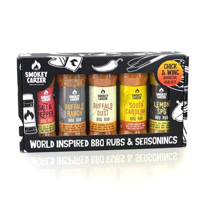 Chick and Wing BBQ Rub Gift Set | Smokey Carter | 5 x 100g Barbecue Seasoning Shakers, Buffalo Dust, Chinese Salt & Pepper, Lemon SPG (Salt,Pepper,Garlic), Buffalo Ranch, South Carolina. Chicken Wings