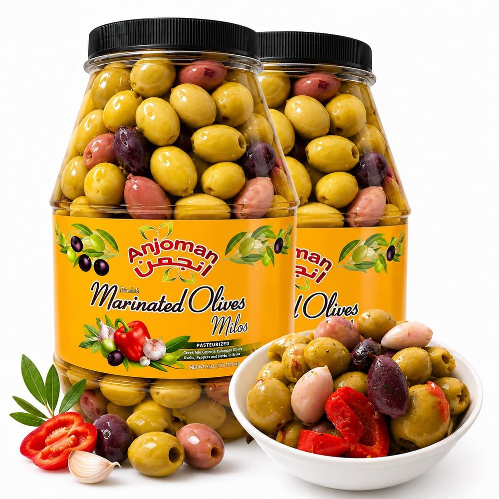 ANJOMAN 2 x Marinated Olive Milos Green & Kalamata Pitted 3.3L Jars | Authentic Mediterranean Marinated Olives