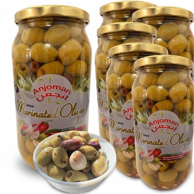 ANJOMAN 6 x Marinated Olive THESS Chilli & Garlic Green Kalamata Pitted 1L Jars | Catering & Event Pack | Spicy Olives with Garlic & Red Bella Olives