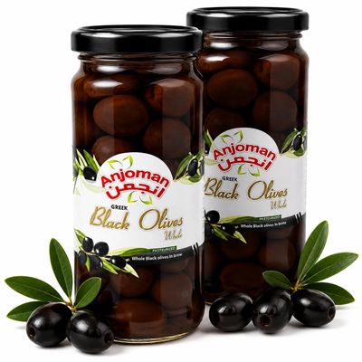 ANJOMAN 2 x Olive VOLOS Black Whole Jumbo 358ml Jars | Authentic Greek Olives in Brine