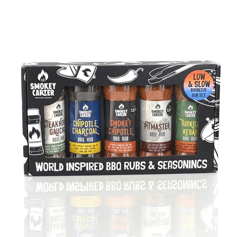 Low and Slow BBQ Rub Gift Set, 5 x 100g Barbecue Seasoning Shakers, Smokey Chipotle, Chipotle Charcoal, Steakhouse Gaucho, Turkish Kebab, Pitmaster BBQ Rub