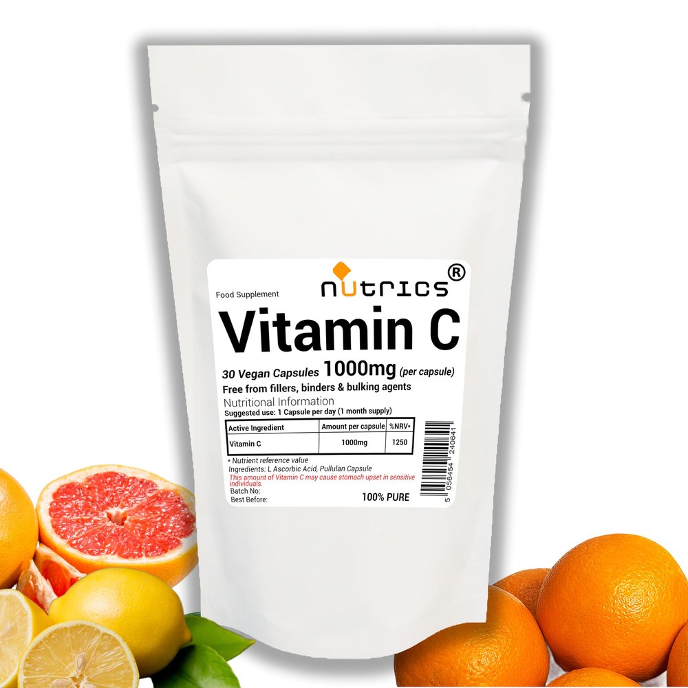 Nutrics 1000mg Vitamin C 100% Pure 30 V Capsules (1 Month Supply) - Free from Fillers Binders & Bulking Agents