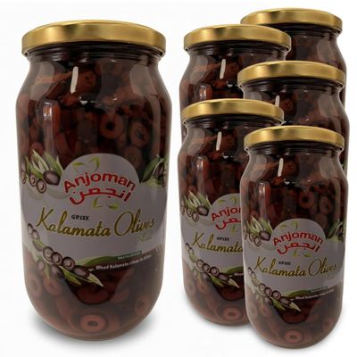 ANJOMAN 6 x Olive Kalamata Sliced 1L Jars | Catering Pack | Authentic Greek Sliced Olives