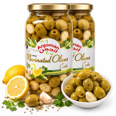 Anjoman Crete Lemon & Coriander Green Pitted Olives 2 x 1L (Pack of 2) Premium Zesty Mediterranean Marinated Olives Fresh & Aromatic Table Olives for Tapas, Mezze & Wine Pairings 2 litres Total