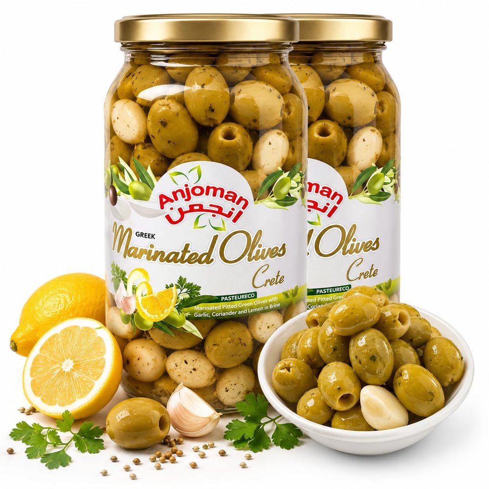 Anjoman Crete Lemon & Coriander Green Pitted Olives 2 x 1L (Pack of 2) Premium Zesty Mediterranean Marinated Olives Fresh & Aromatic Table Olives for Tapas, Mezze & Wine Pairings 2 litres Total