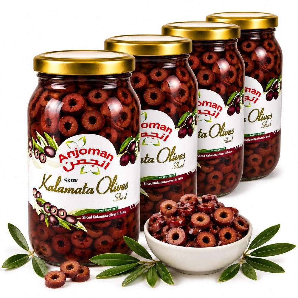 ANJOMAN 4 x Olive Kalamata Sliced 1L Jars | Bulk Pack | Premium Greek Sliced Olives in Brine