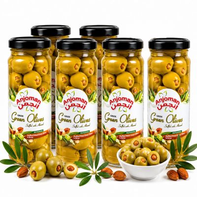 ANJOMAN 6 x Stuffed Almond Olive Green St. w/Almond Mammoth 358ml Jars | Catering Pack | Gourmet Greek Olives