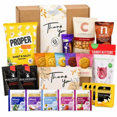 Thank You Gift Hamper - Includes Postcard, Tea, Sweets, Biscuits, Thank You Chocolate, Hot Chocolate, Biscuits, Popcorn - Thank you Gifts Perfect for Women, Men, Friends, Colleagues
