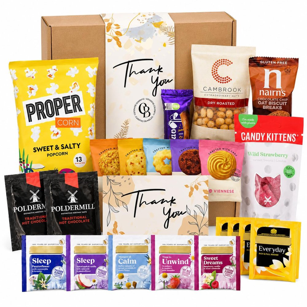 Thank You Gift Hamper - Includes Postcard, Tea, Sweets, Biscuits, Thank You Chocolate, Hot Chocolate, Biscuits, Popcorn - Thank you Gifts Perfect for Women, Men, Friends, Colleagues
