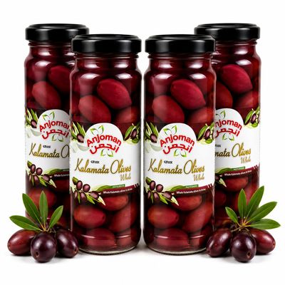 ANJOMAN 4 x Olive Kalamata Whole in Brine Extra Jumbo 358ml Jars | Bulk Pack | Premium Greek Olives