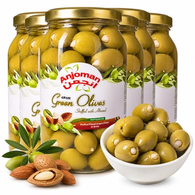 Anjoman Mammoth Green Olives Stuffed with Almond 6 x 1L (Bulk 6-Pack) Premium Extra Large Mediterranean Table Olives Crunchy & Savory Gourmet Cocktail Olives Charcuterie, Martinis & Tapas 6 litres