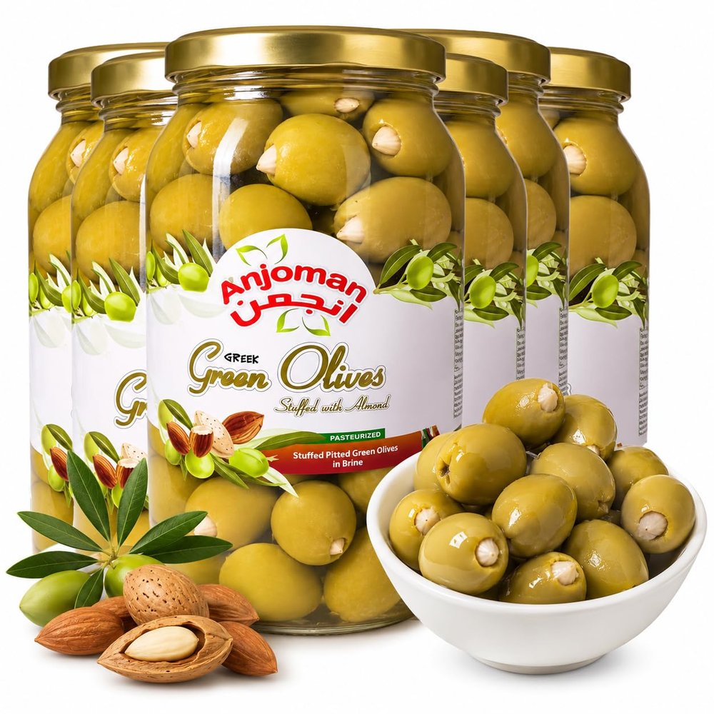 Anjoman Mammoth Green Olives Stuffed with Almond 6 x 1L (Bulk 6-Pack) Premium Extra Large Mediterranean Table Olives Crunchy & Savory Gourmet Cocktail Olives Charcuterie, Martinis & Tapas 6 litres