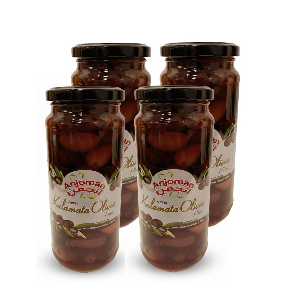 ANJOMAN 4 x Olive Kalamata Pitted Jumbo 358ml Jars | Bulk Pack | Premium Greek Olives in Brine
