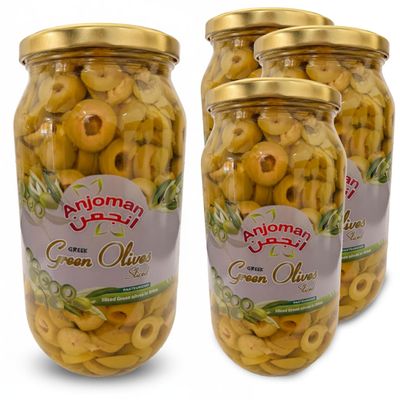 ANJOMAN 4 x Olive Green Sliced 1L Jars | Bulk Pack | Premium Mediterranean Sliced Olives in Brine